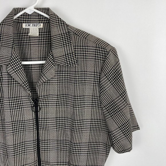 J. W. Treci Plaid Striped Zip Up V-neck Blouse - Picture 3 of 7